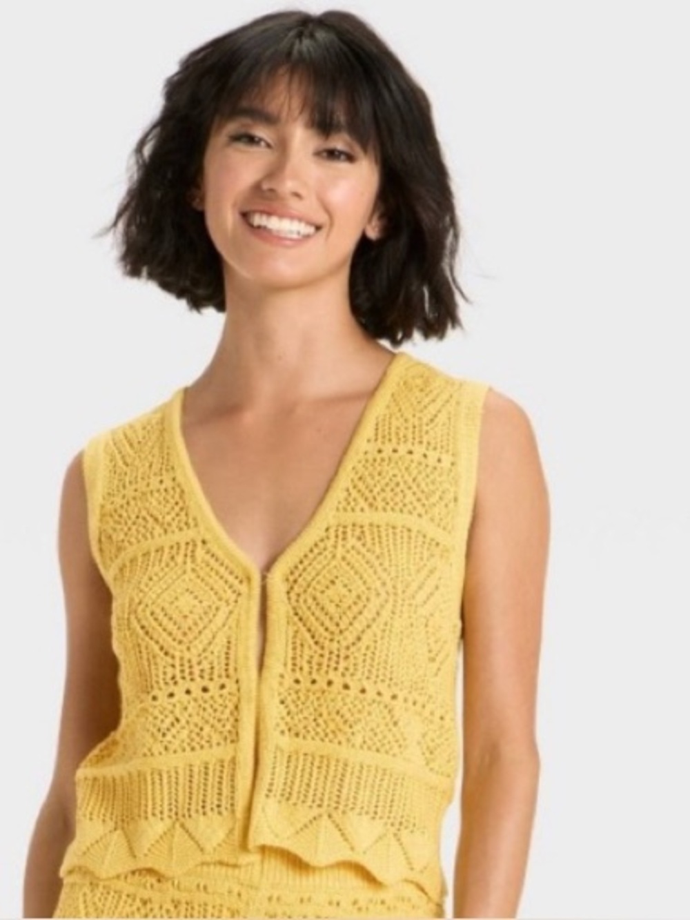 a new day Yellow Crochet Knit V-Neck Sleeveless Vest